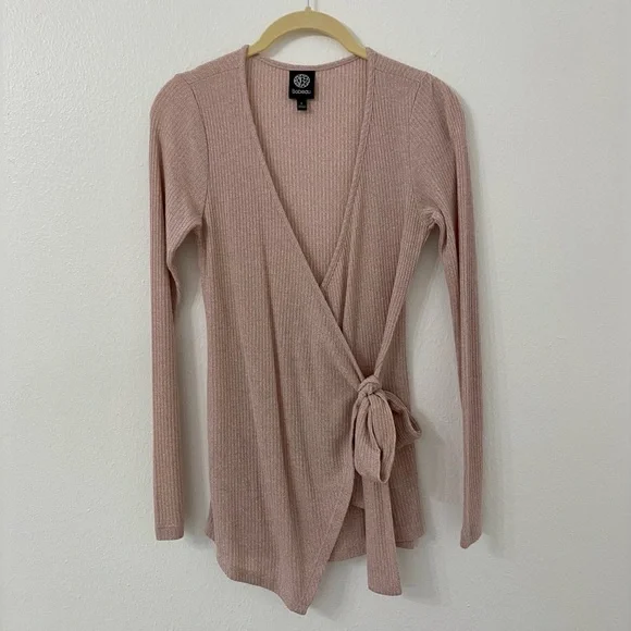 Balletcore Wrap Side Tie Long Sleeve Top | Bobeau Dusty Rose Pink Ribbed Sweater - Picture 4 of 16